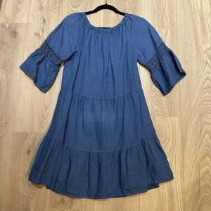 Terzo Millennio Shift Dress Blue 100% Linen Pull Over Eyelet Made in Italy Sz S